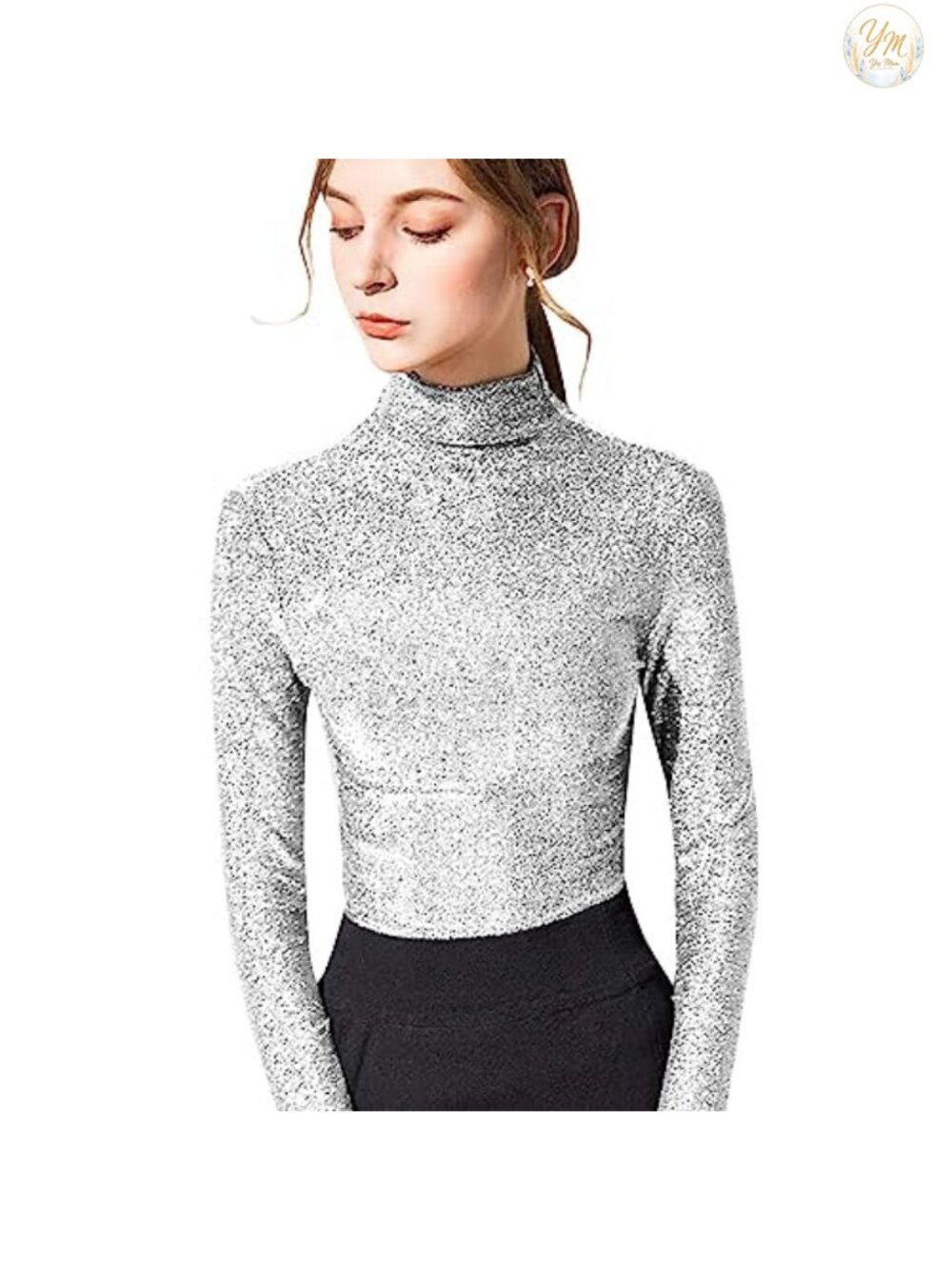 Slim Fit Long Sleeve Turtleneck Glitter Tee Sparkly Party Top
